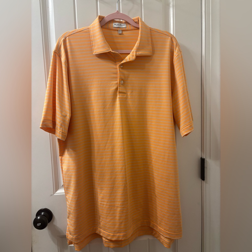 Large Peter Millar Summer Comfort Polo in Orange with Blue Stripes